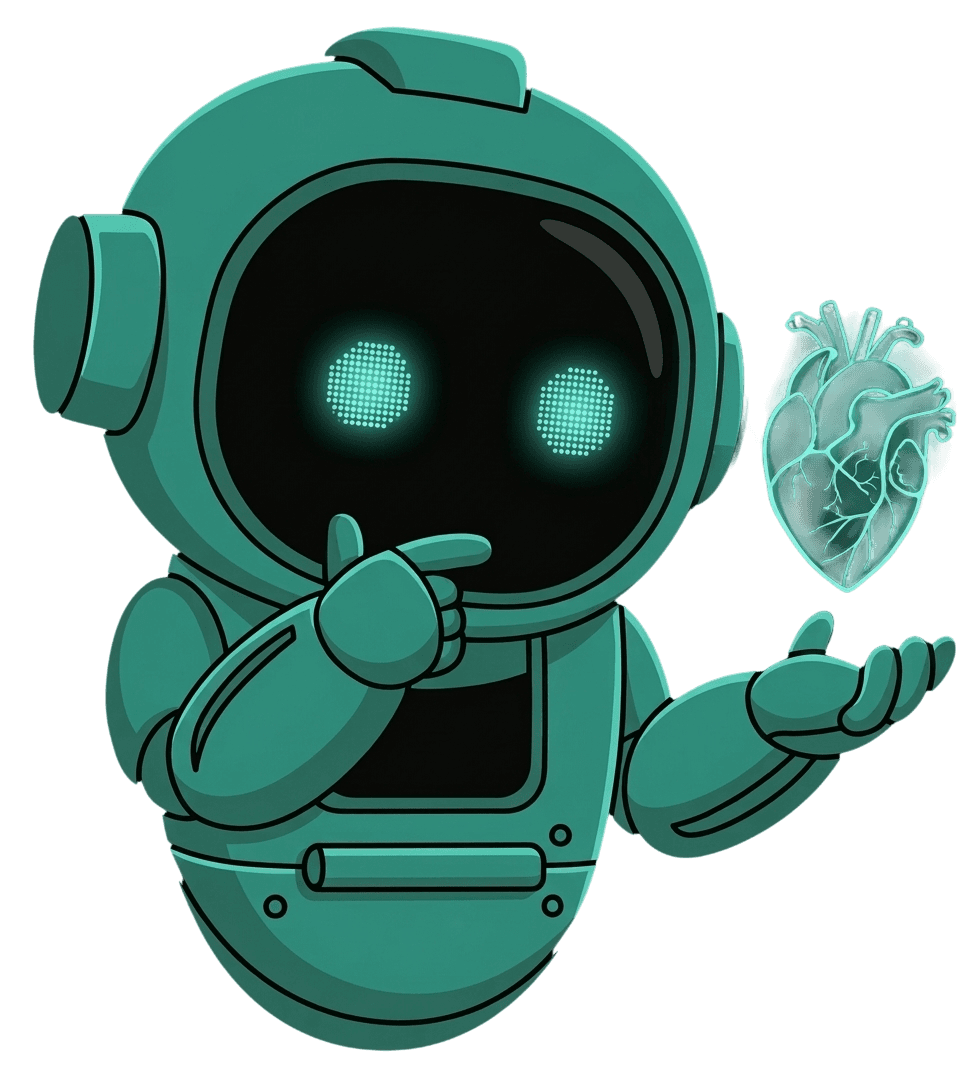 Remy — EX-Ray AI robot mascot holding an anatomical heart